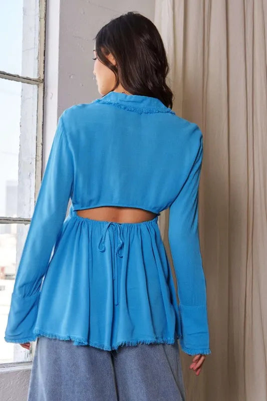 Davi & Dani V-Neck Open Back Adjustable Babydoll Shirt Trendsi