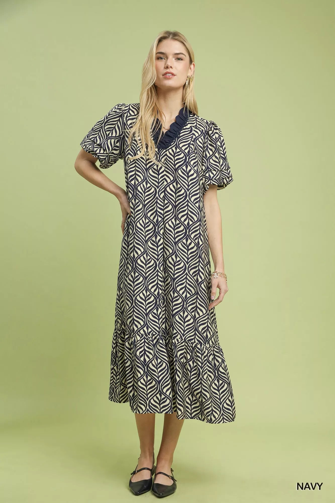 Umgee Leaf Print Ruffle Neck Midi Dress Trendsi