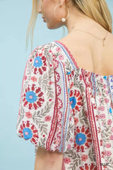 Mixed Print Puff Sleeve Mini Dress Umgee