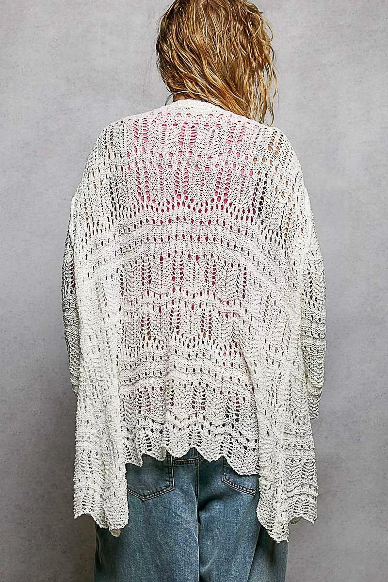 Openwork Lightweight Open Front Cardigan with Scalloped Edge POL