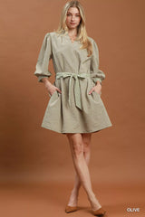 Umgee Textured Contrast Trim Tie Waist Mini Dress Trendsi