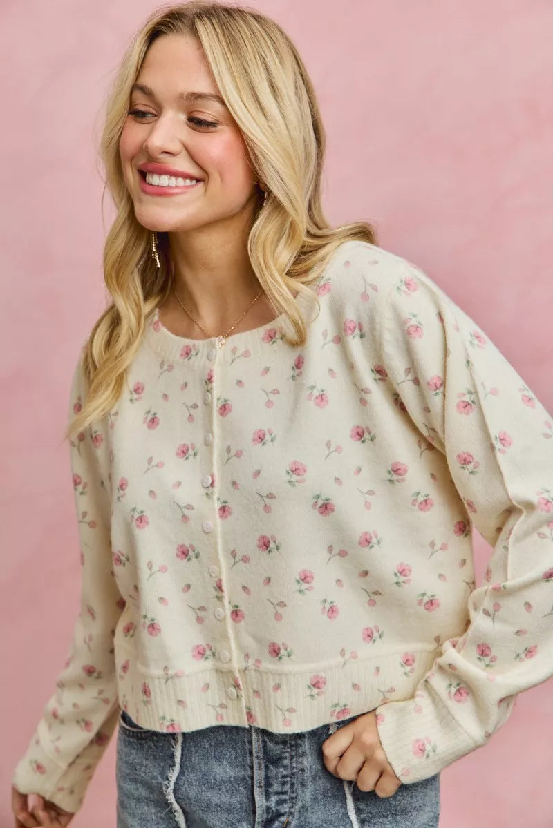 Floral Print Button Down Sweater Cardigan So Me