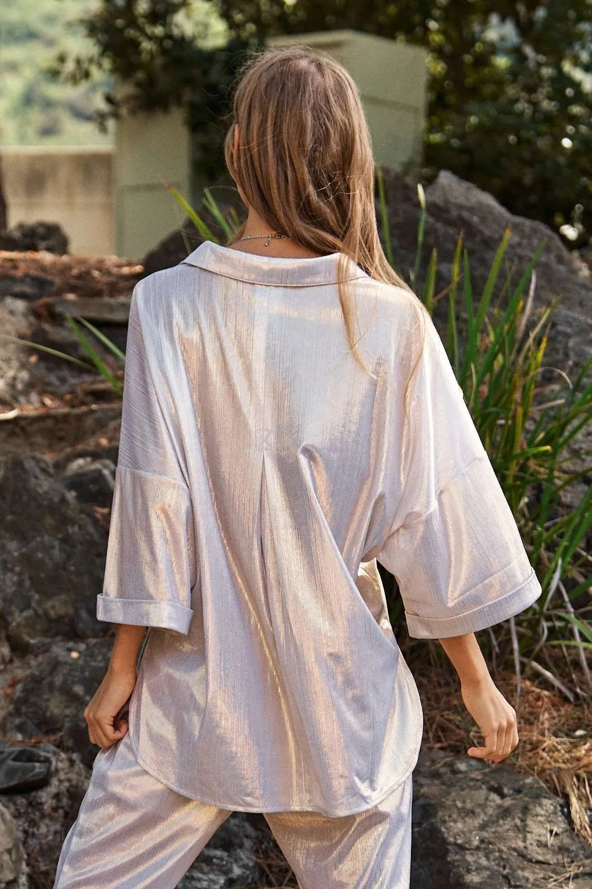 Solid Sparkling Shimmer Pocket Button Front Shirt Davi & Dani