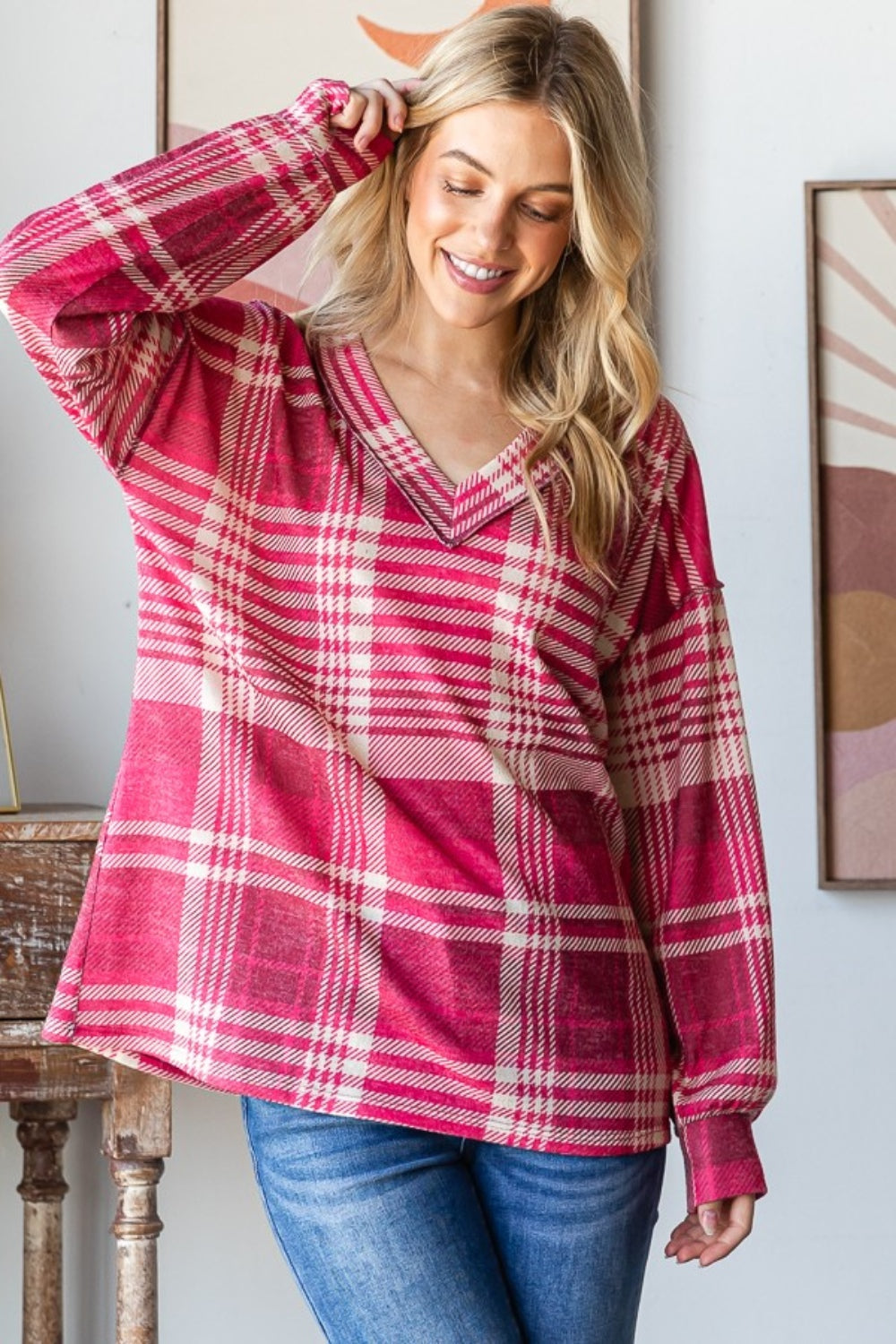 Plaid Drop Shoulder V-Neck T-Shirt Heimish   