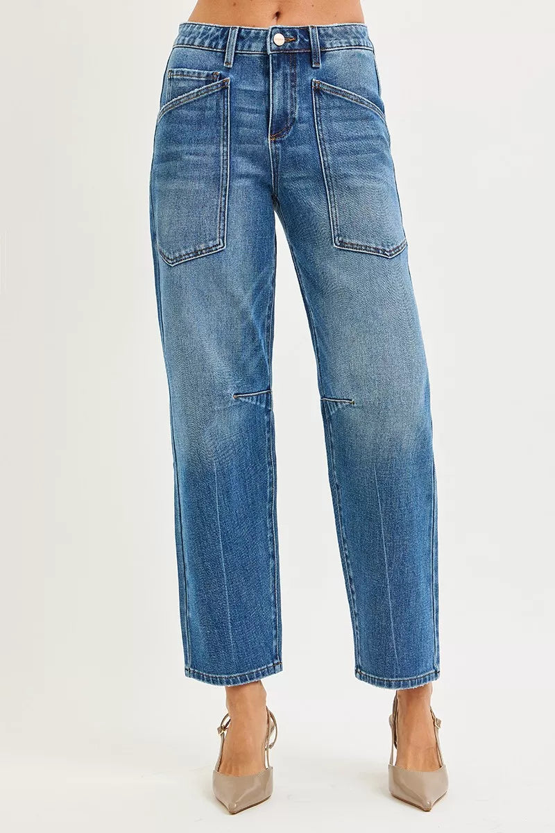 4 Way Stretch Mid Rise Barrel Jeans with Patch Pocket Detail Risen