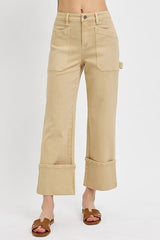 High Rise Wide Straight Cuffed Patch Jeans Risen