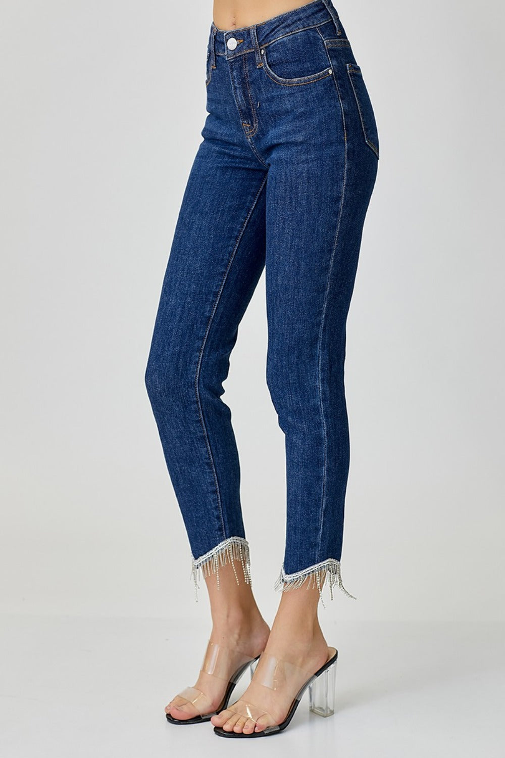 Embellished Mid Rise Crop Skinny Jeans Risen   