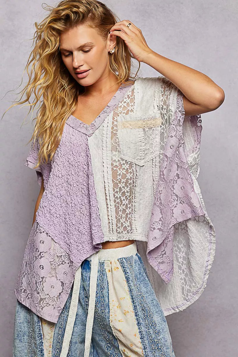 Asymmetrical V-Neck Short Sleeve Lace Top POL