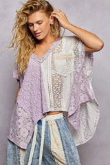 Asymmetrical V-Neck Short Sleeve Lace Top POL