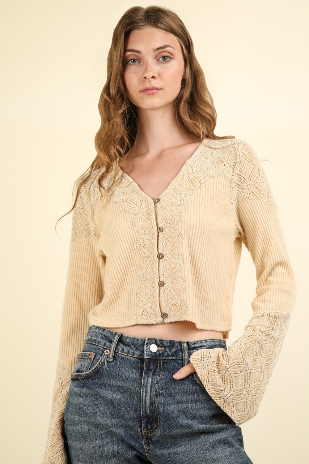 V-Neck Lace Detail Button Down Crop Ribbed Knit Top Very J   
