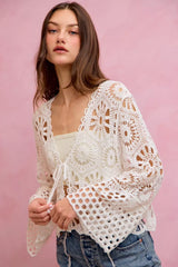 Floral Pattern Crochet Knit Tie Front Crop Cardigan So Me