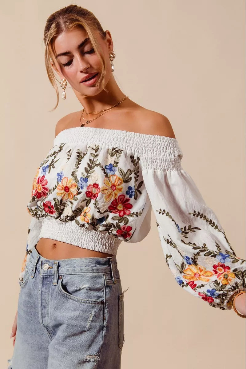 Floral Embroidered Off The Shoulder Crop Top So Me