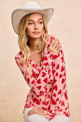 Button Down Heart Printed Mesh Shirt with Ruched Front BiBi