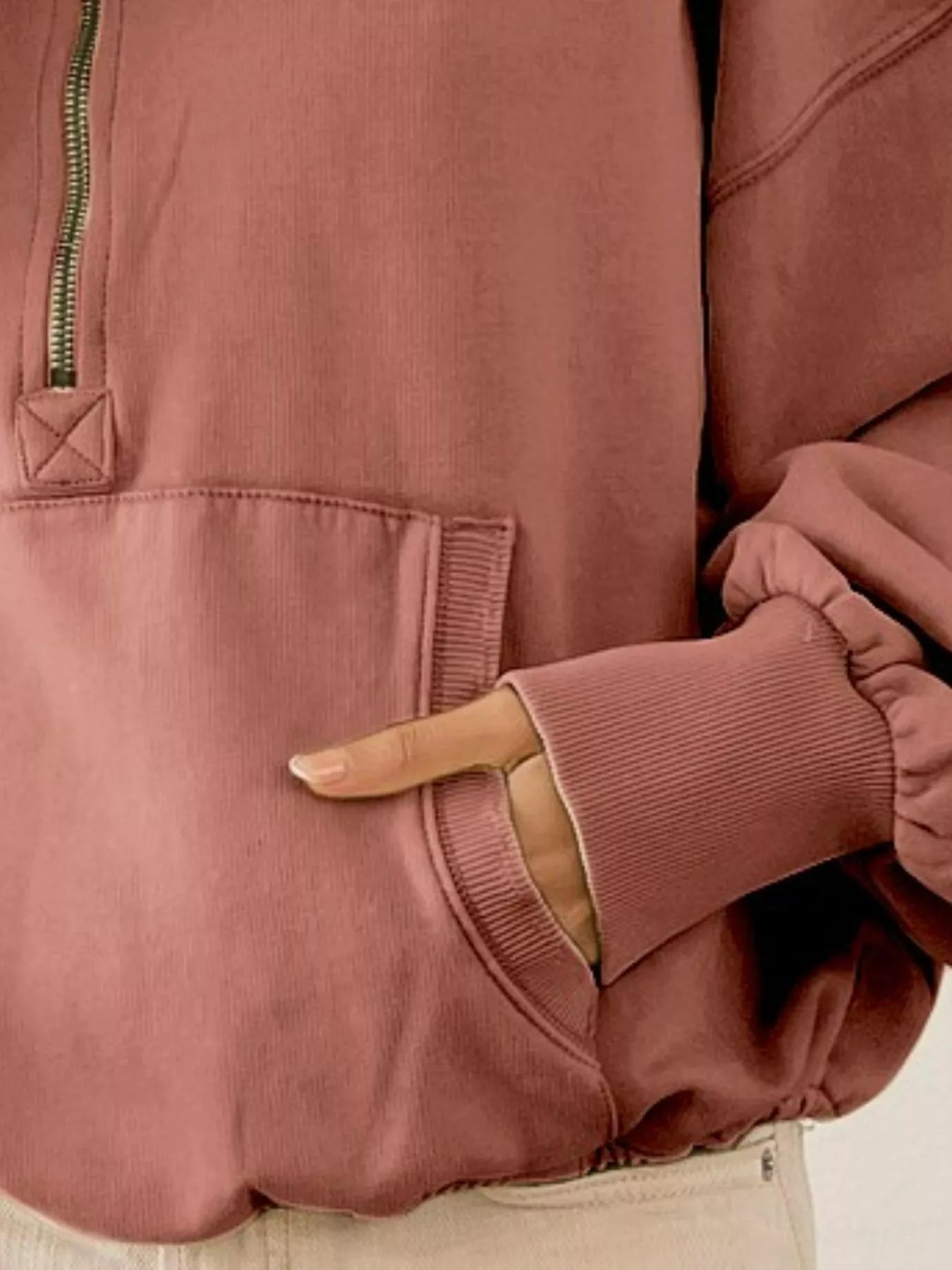 Stitch Detailed Elastic Hem Half Zip Fleece Hoodie BiBi
