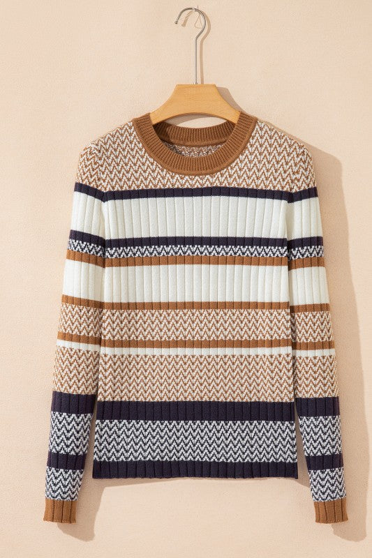 Avery Ribbed Trim Slim Striped Sweater Threaded Pear Brown Stripe XL - 16/18