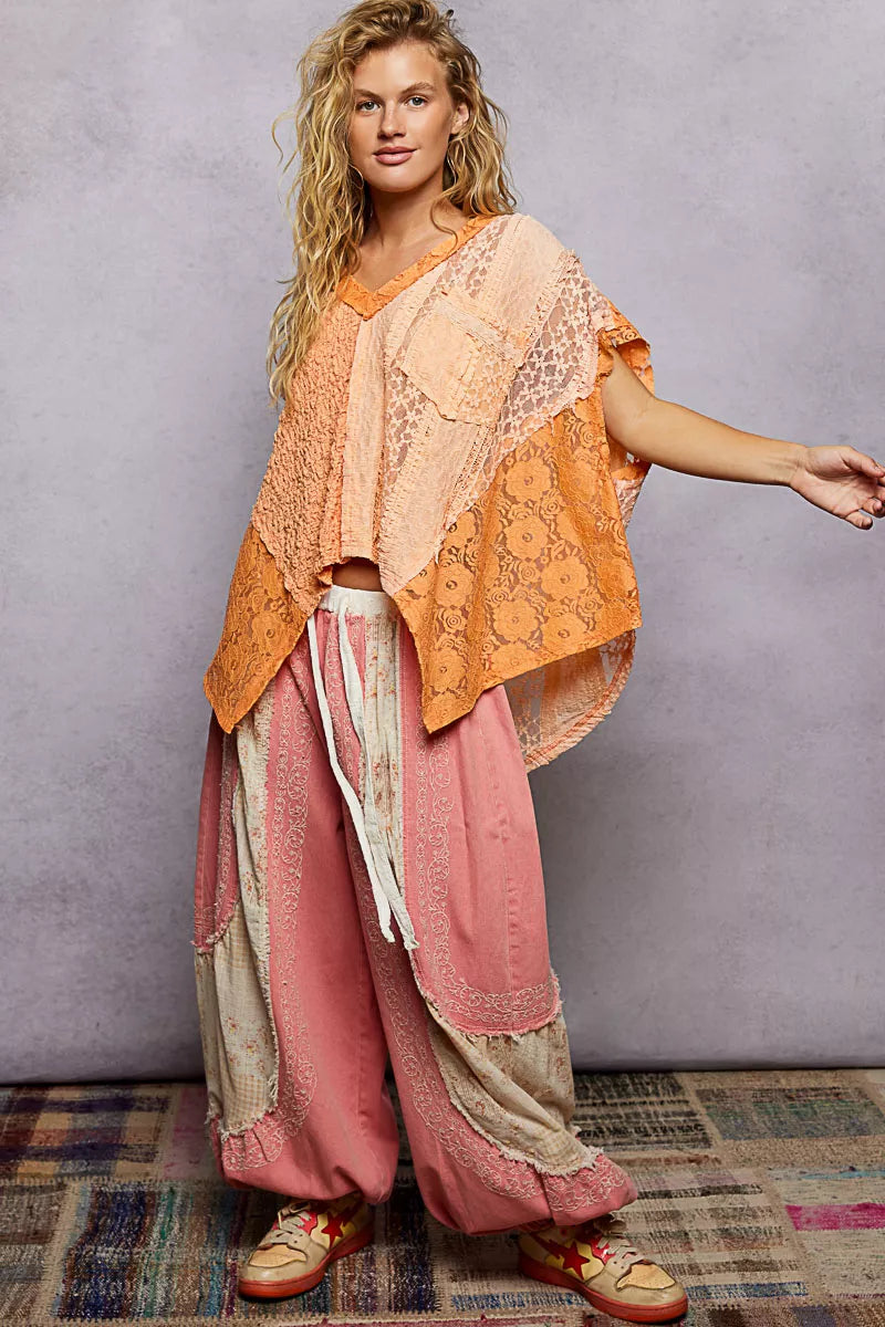 POL Asymmetrical V-Neck Short Sleeve Lace Top Trendsi