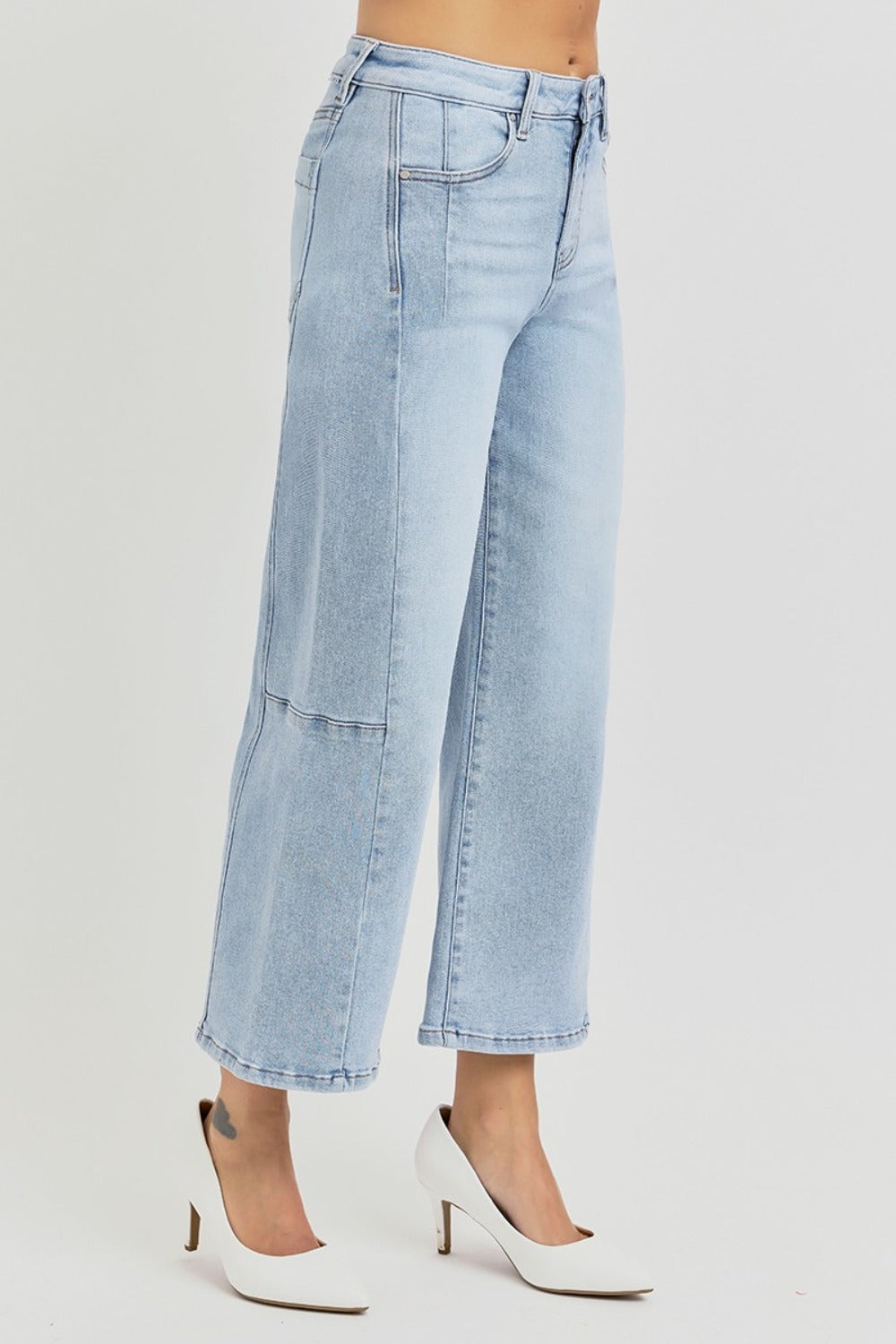 High Rise Seamed Detail Wide Leg Crop Jeans Risen   