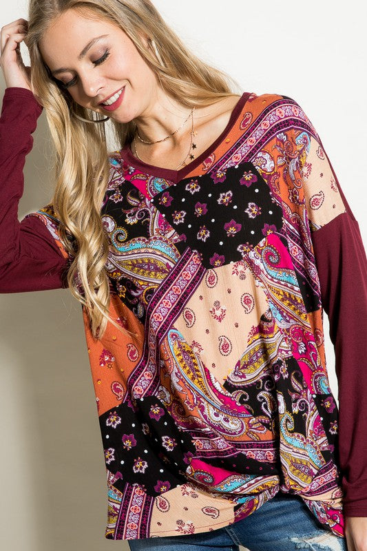 Paisley Mixed Boxy Relaxed Top e Luna Wine S 