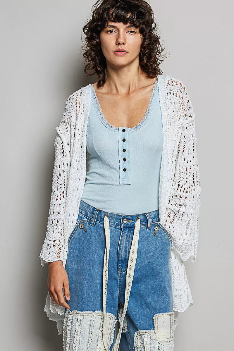 Openwork Lightweight Open Front Cardigan with Scalloped Edge POL