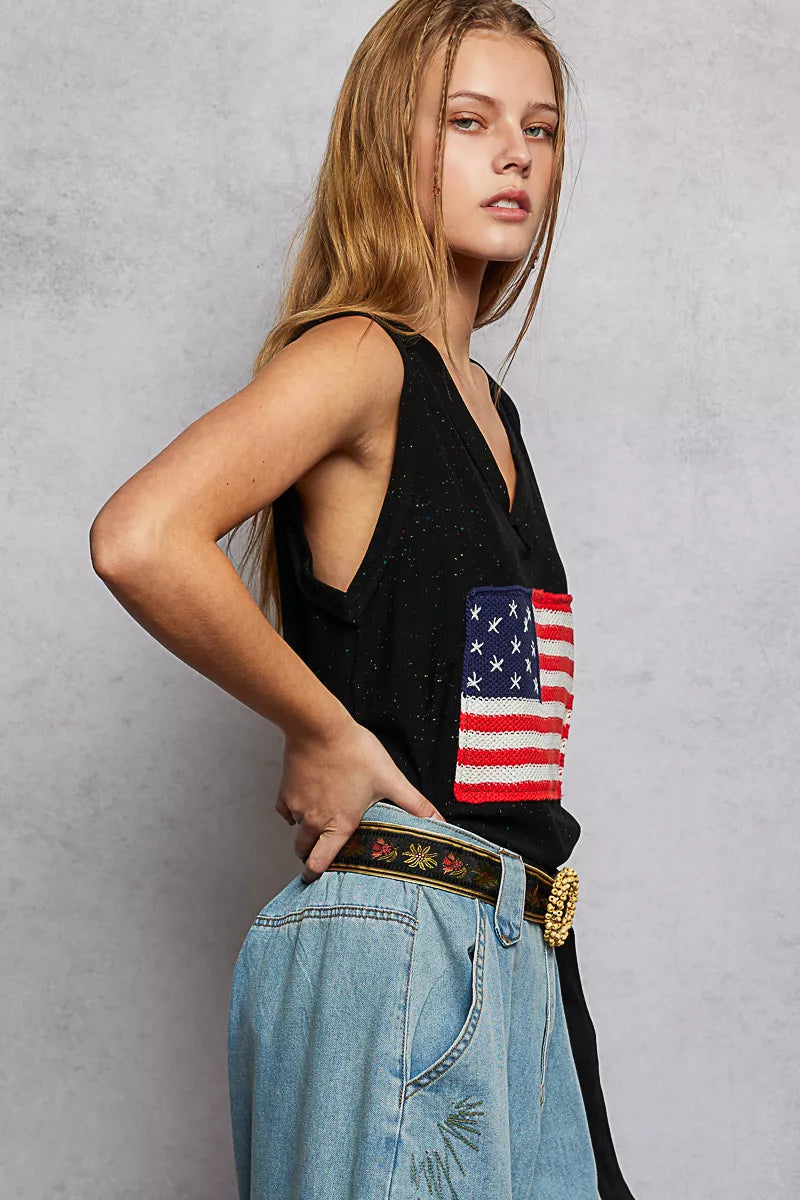 V-Neck Ribbed Tank with American Flag Patch and Star Back Patch POL