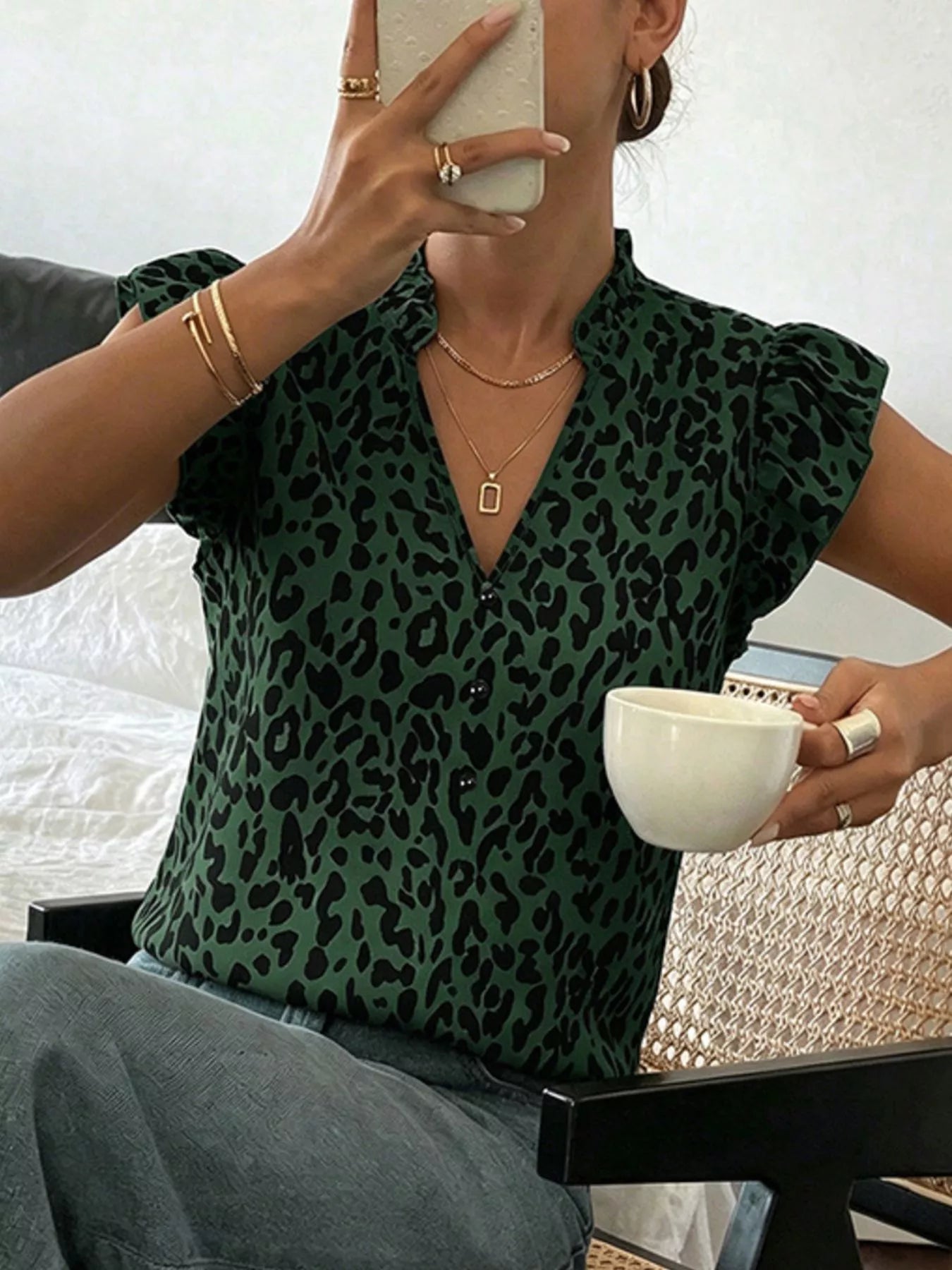 Leopard Print Ruffle Sleeve Blouse Simmer & Fay