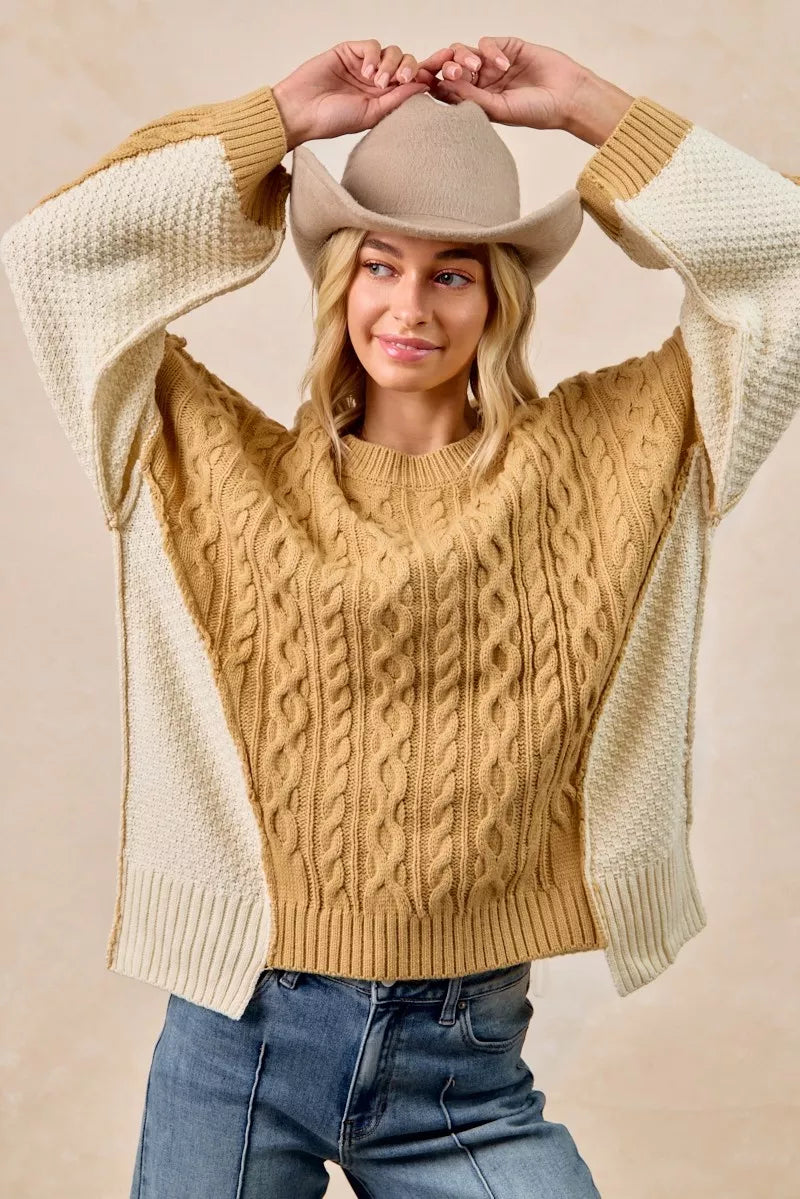 Cable Knit With Hacci Combo Sweater With Uneven Hem Detail BiBi