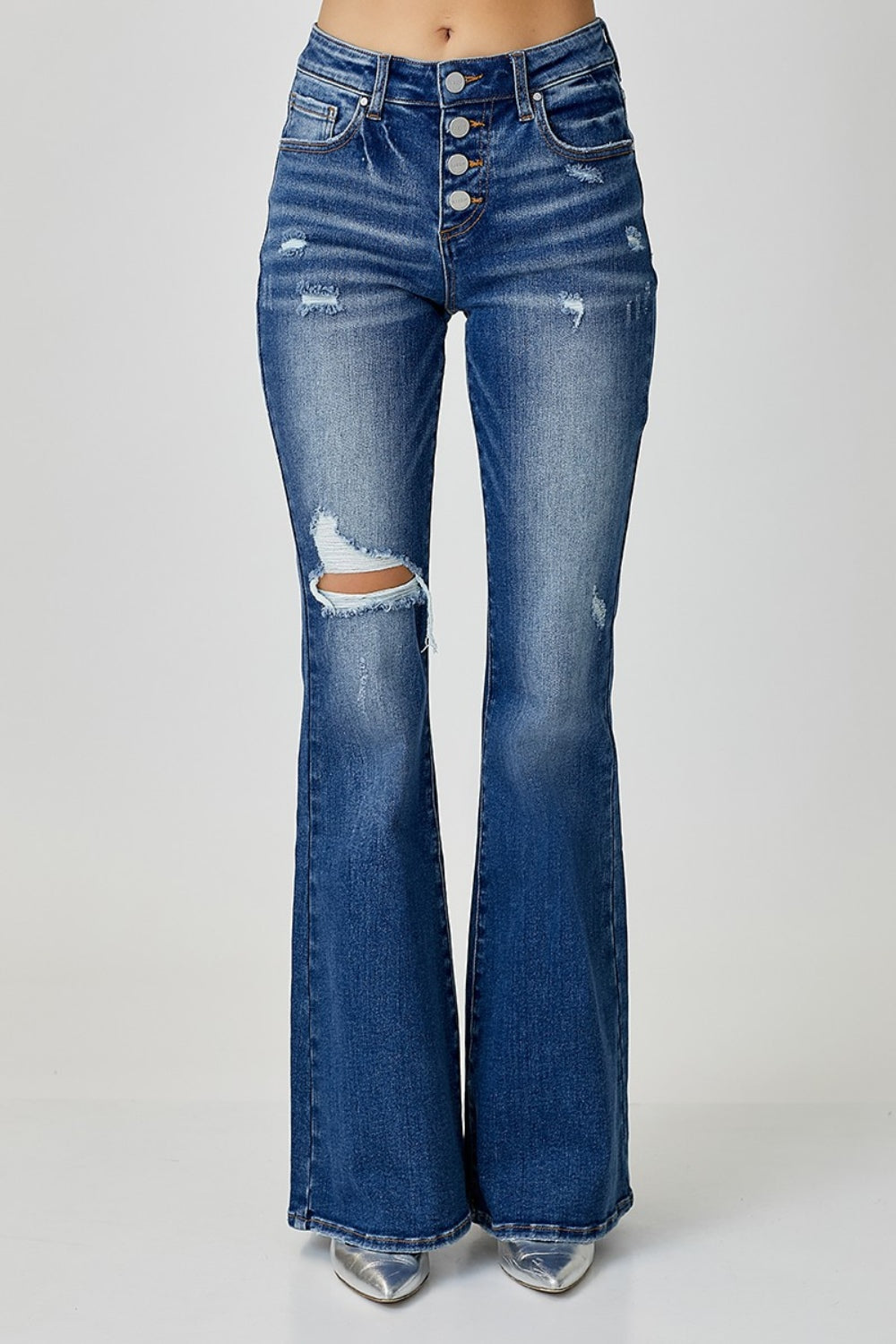 Distressed Button-Fly Flare Jeans Risen   