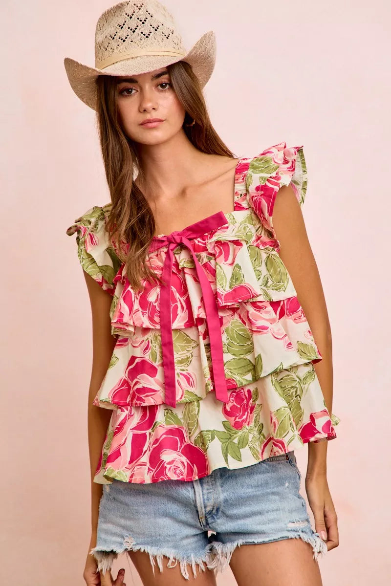 Floral Print Woven Bow Tie Ruffle Square Neck Top BiBi