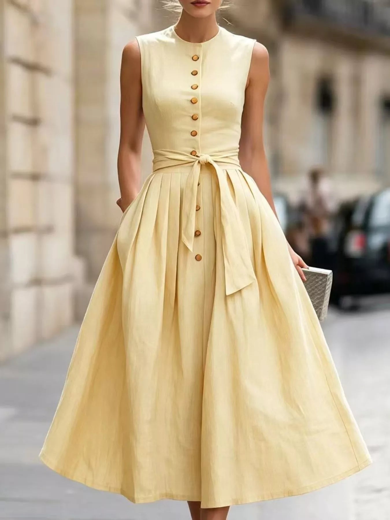 Sleeveless Button-Front Belted Midi Dress Simmer & Fay Yellow S