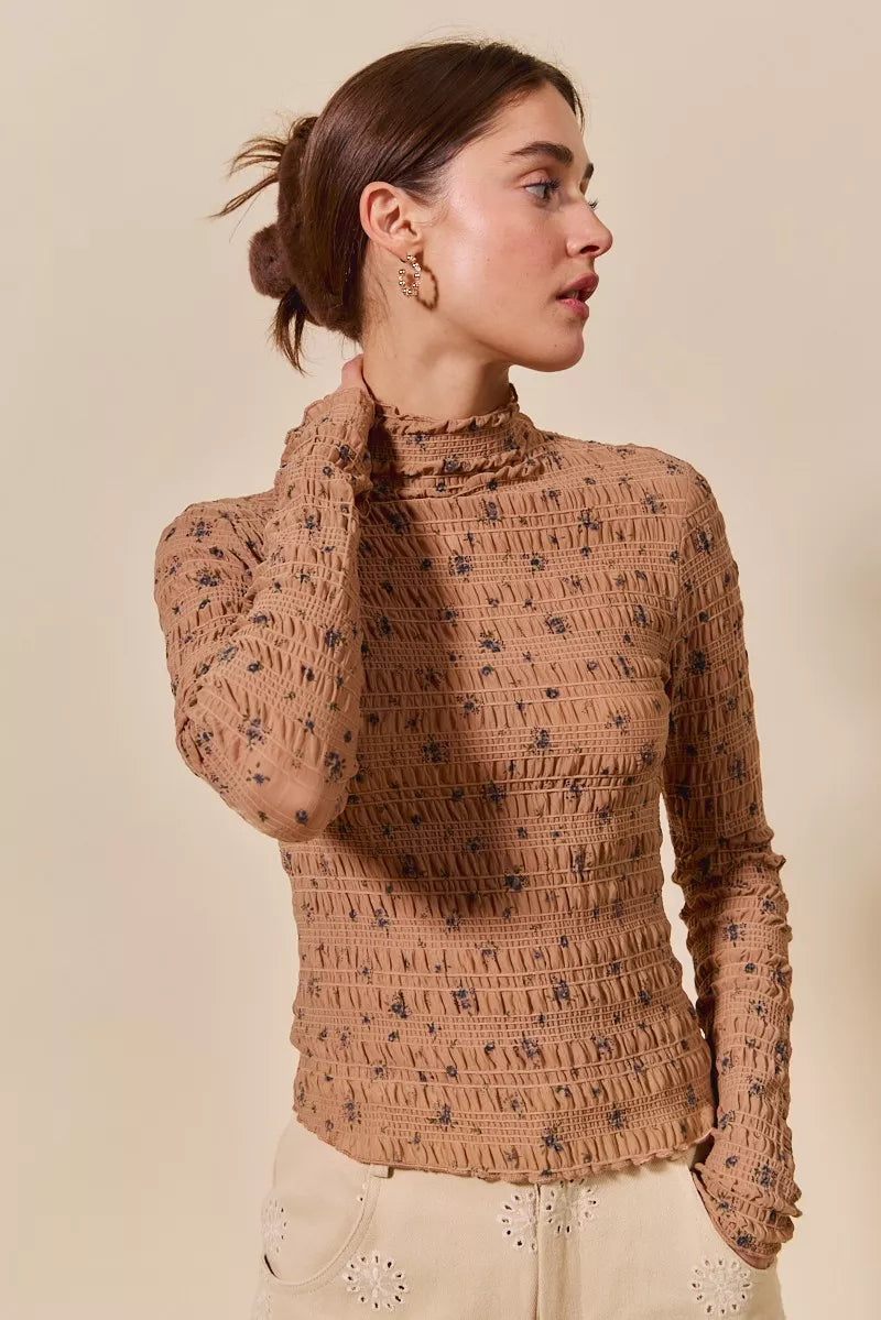 Floral Print Textured Long Sleeve Knit Top So Me