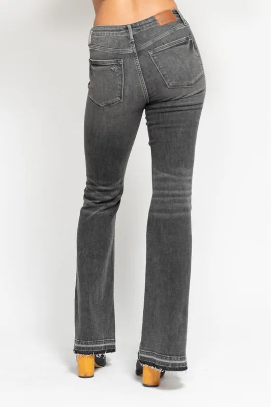 Mid Rise Tummy Control Washed Gray Release Hem Flare Jeans Judy Blue