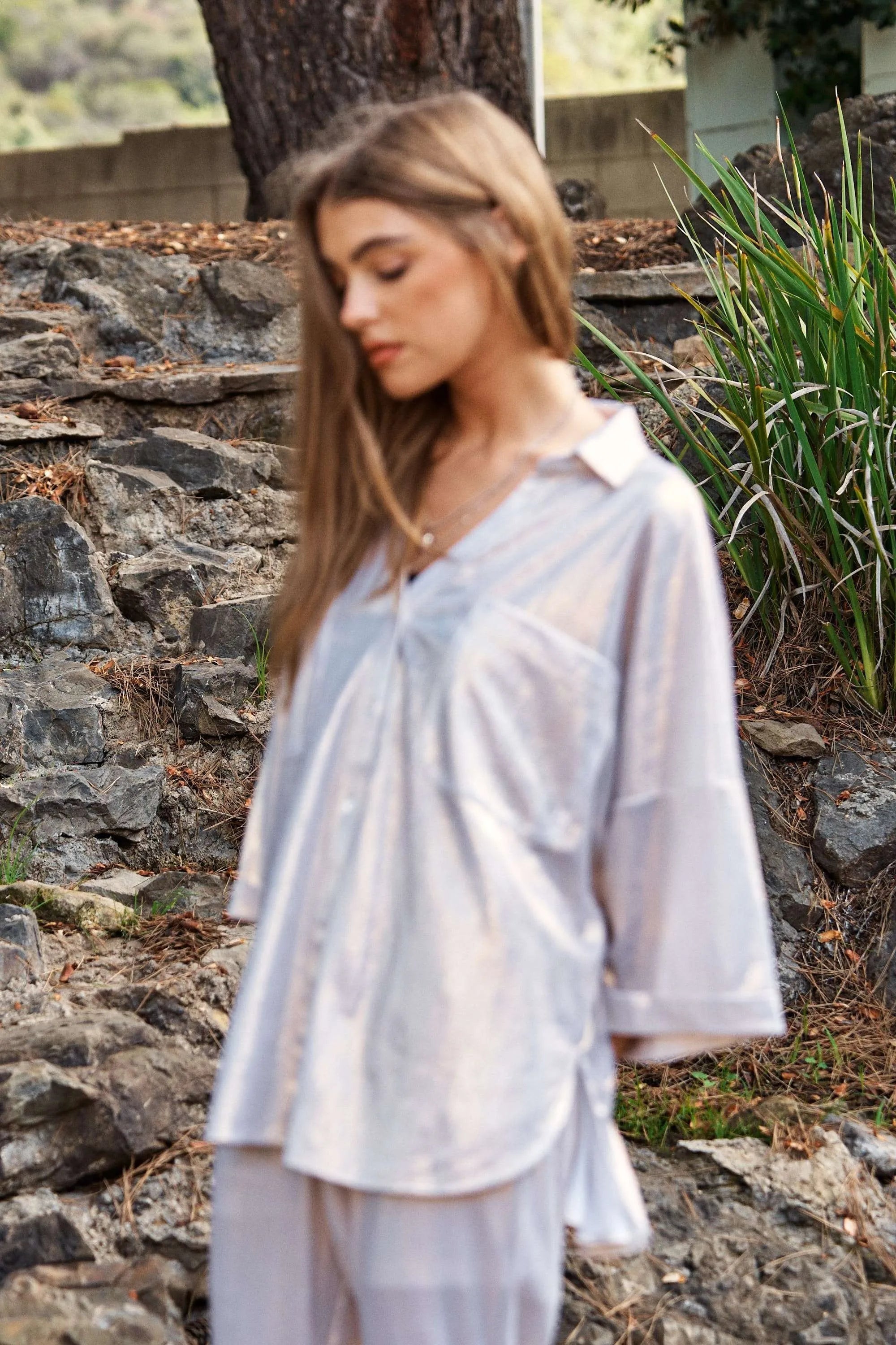 Solid Sparkling Shimmer Pocket Button Front Shirt Davi & Dani