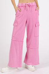 Mineral Wash Elastic Waist Cargo Wide Leg Pants Mittoshop