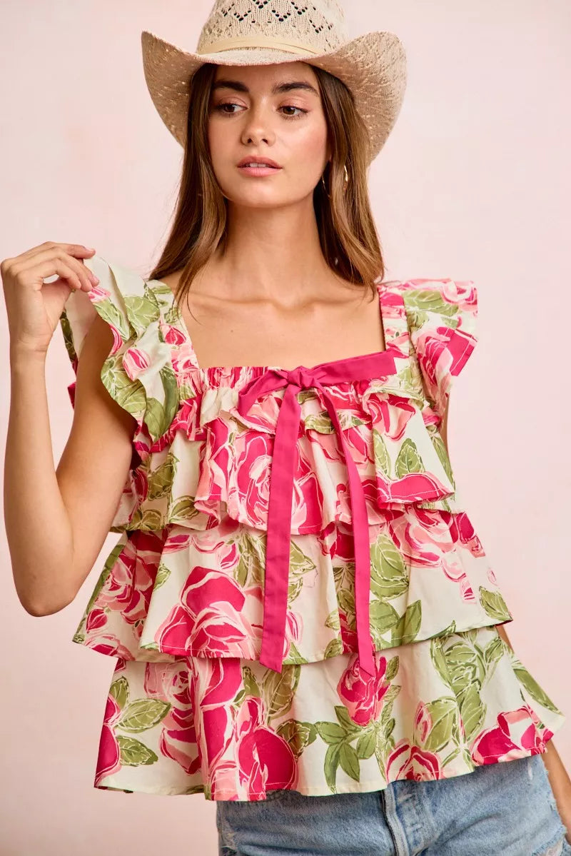 Floral Print Woven Bow Tie Ruffle Square Neck Top BiBi Floral S