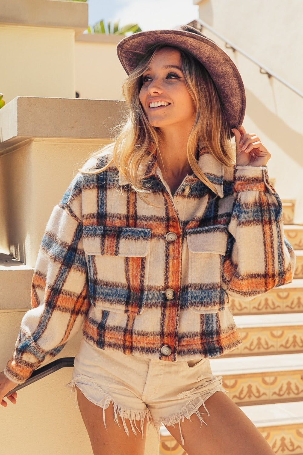 Brushed Plaid Crop Jacket with Pockets BiBi   