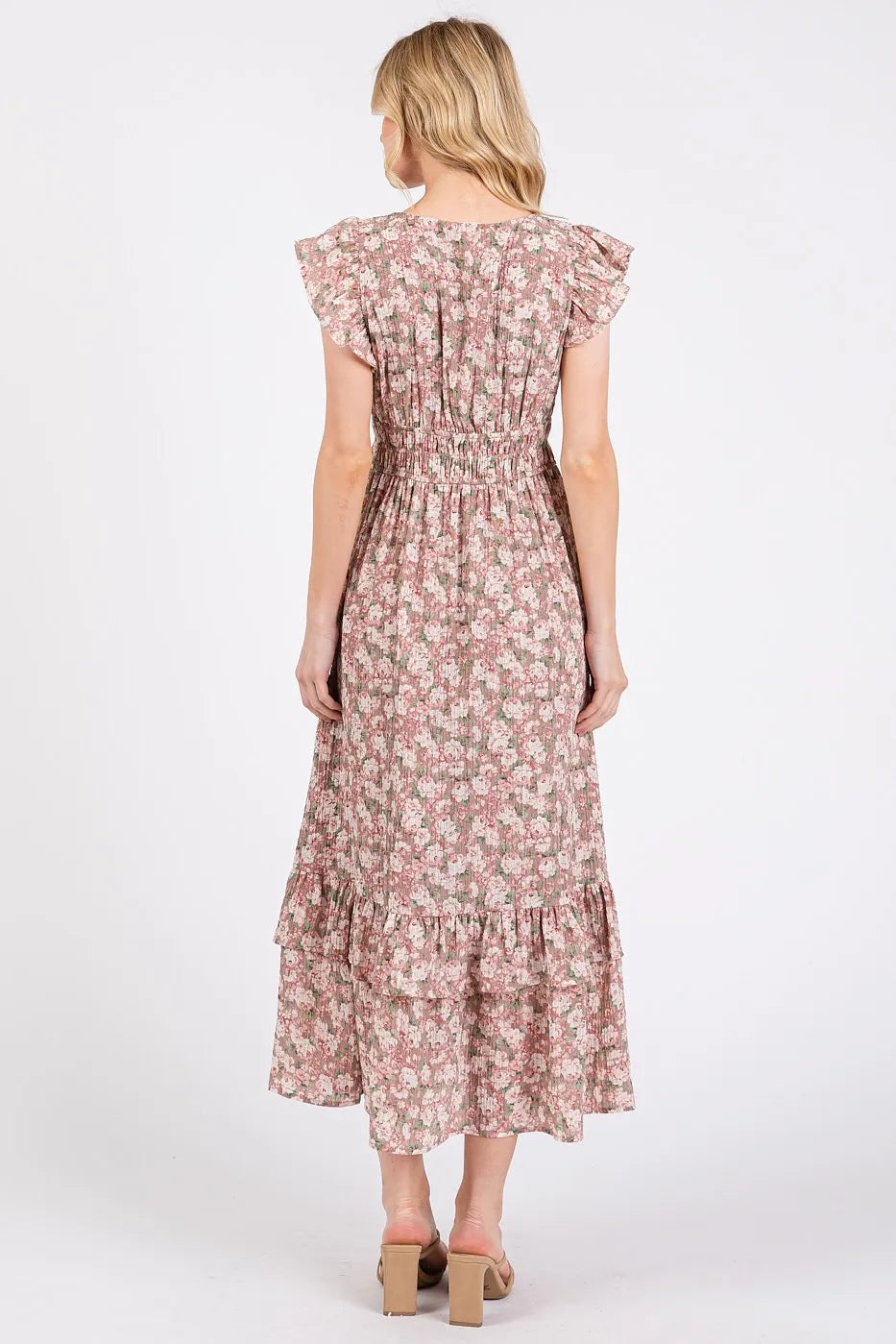 Flower Print Ruffle Cap Sleeve V-neck Midi Dress Mittoshop