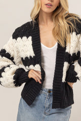 Scallop Striped Open Front Long Sleeve Sweater Cardigan HYFVE   