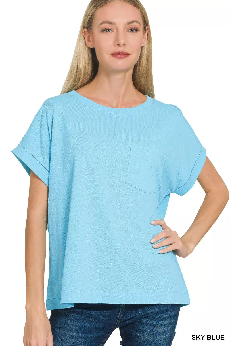 Cuffed Front Pocket Short Sleeve Tee ZENANA SKY BLUE S