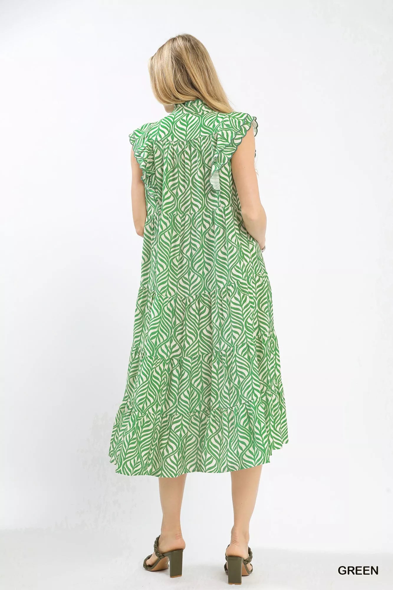 Leaf Print Tiered Midi Dress with Ruffle Detail Umgee