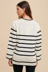 Side Slit Striped Round Neck Sweater Annie Wear