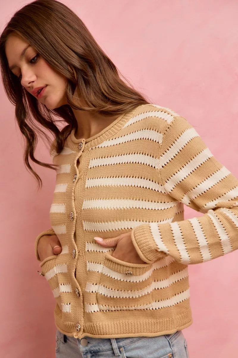 Stripe Long Sleeves Button Sweater Cardigan So Me