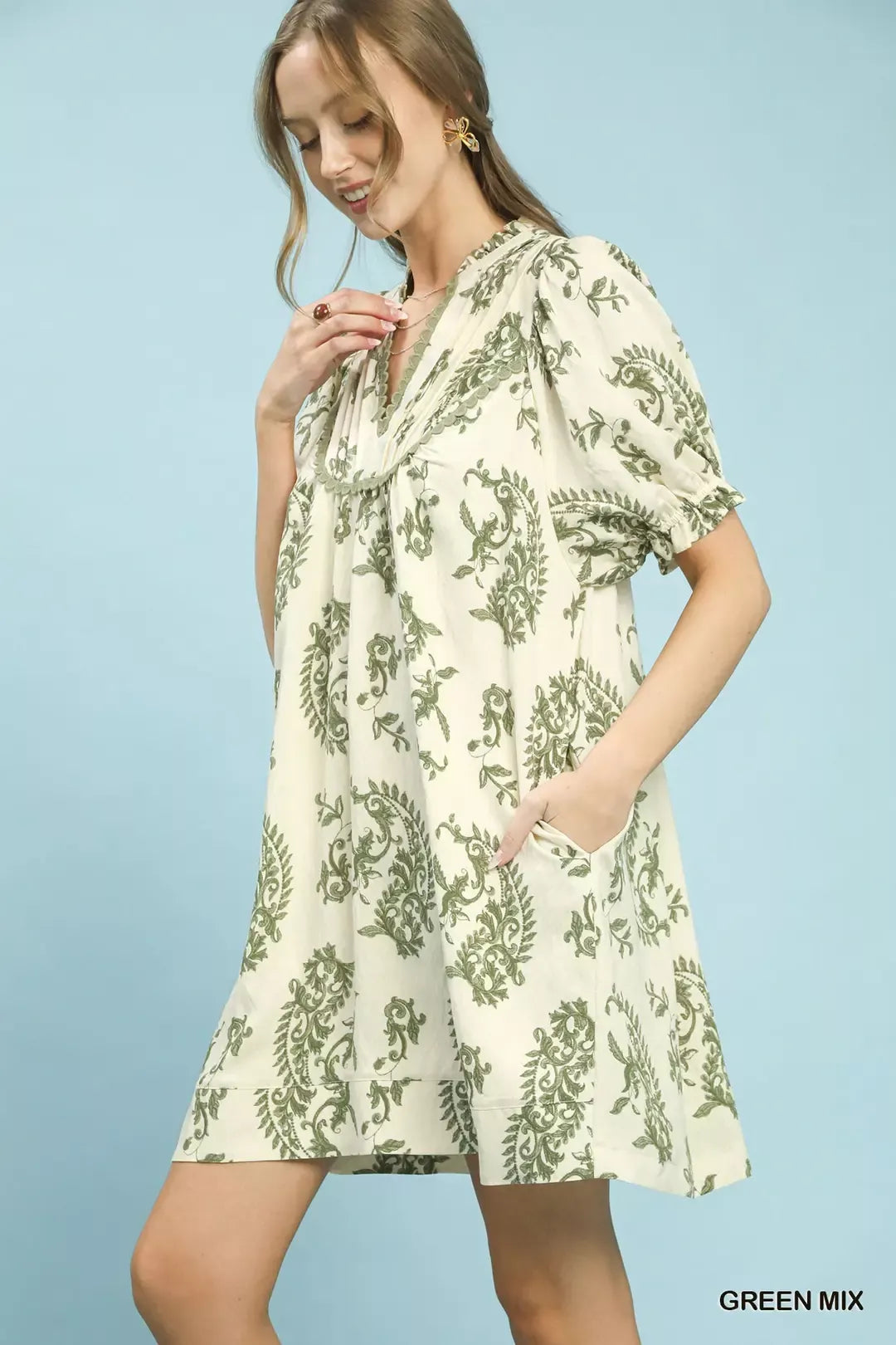 Mix Paisley Scallop Trim Dress Umgee