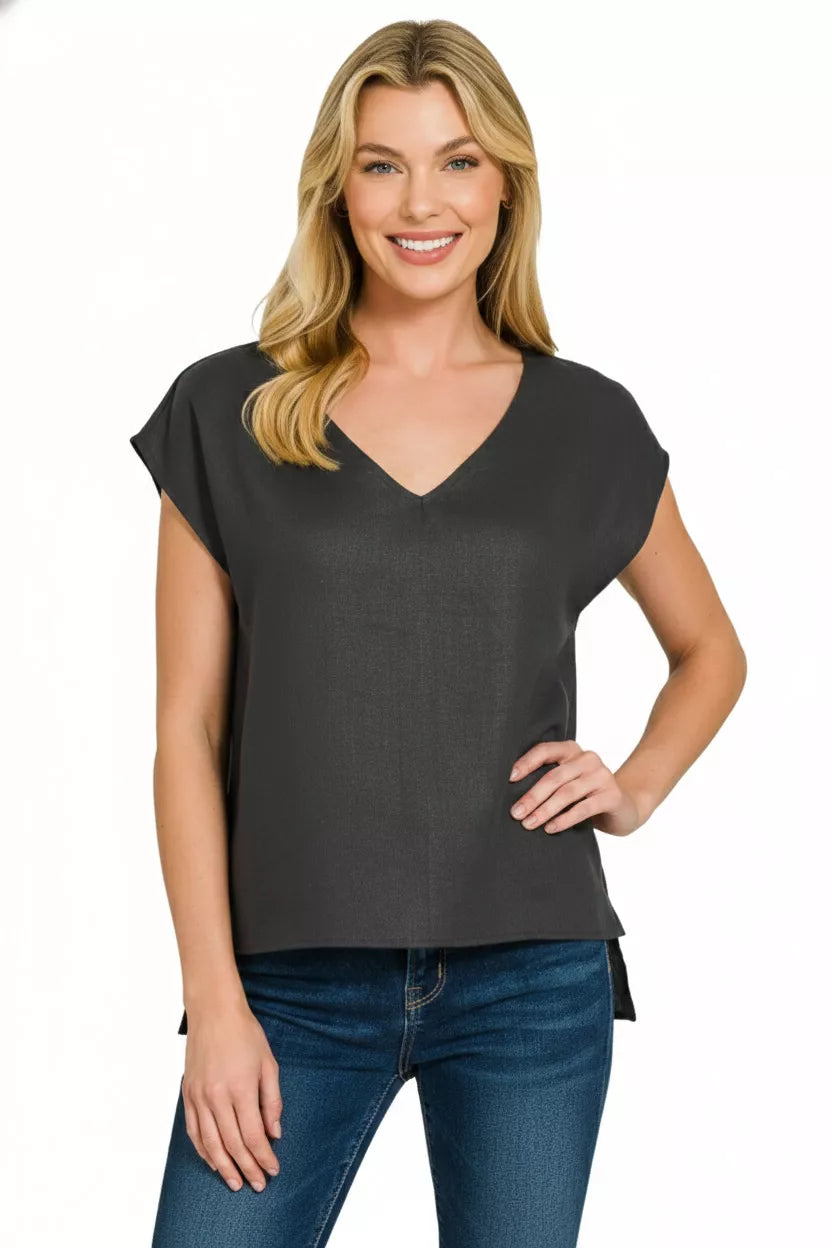 Linen V-Neck Sleeveless Top ZENANA