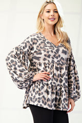 Leopard V-Neck Balloon Sleeve Blouse Celeste   