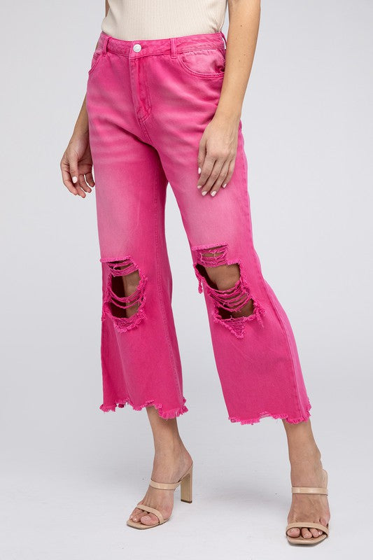 Distressed Vintage Washed Wide Leg Pants BiBi FUCHSIA S 