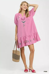 Embroidered Floral Babydoll Dress Umgee