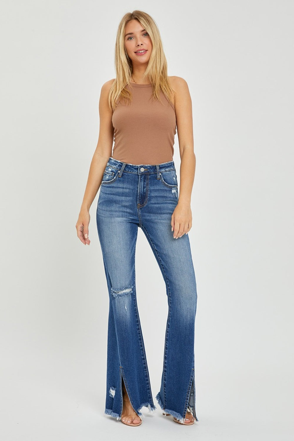 Full Size High Rise Front Slit Frayed Hem Flare Jeans Risen   