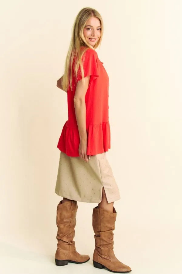Solid Lace Trim Neck Short Sleeve Peplum Top Davi & Dani