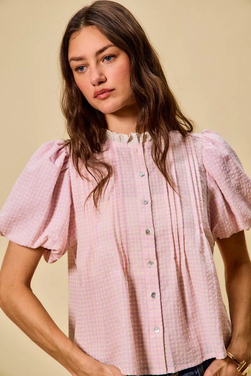 Gingham Lace Trim Button Bubble Sleeves Blouse So Me