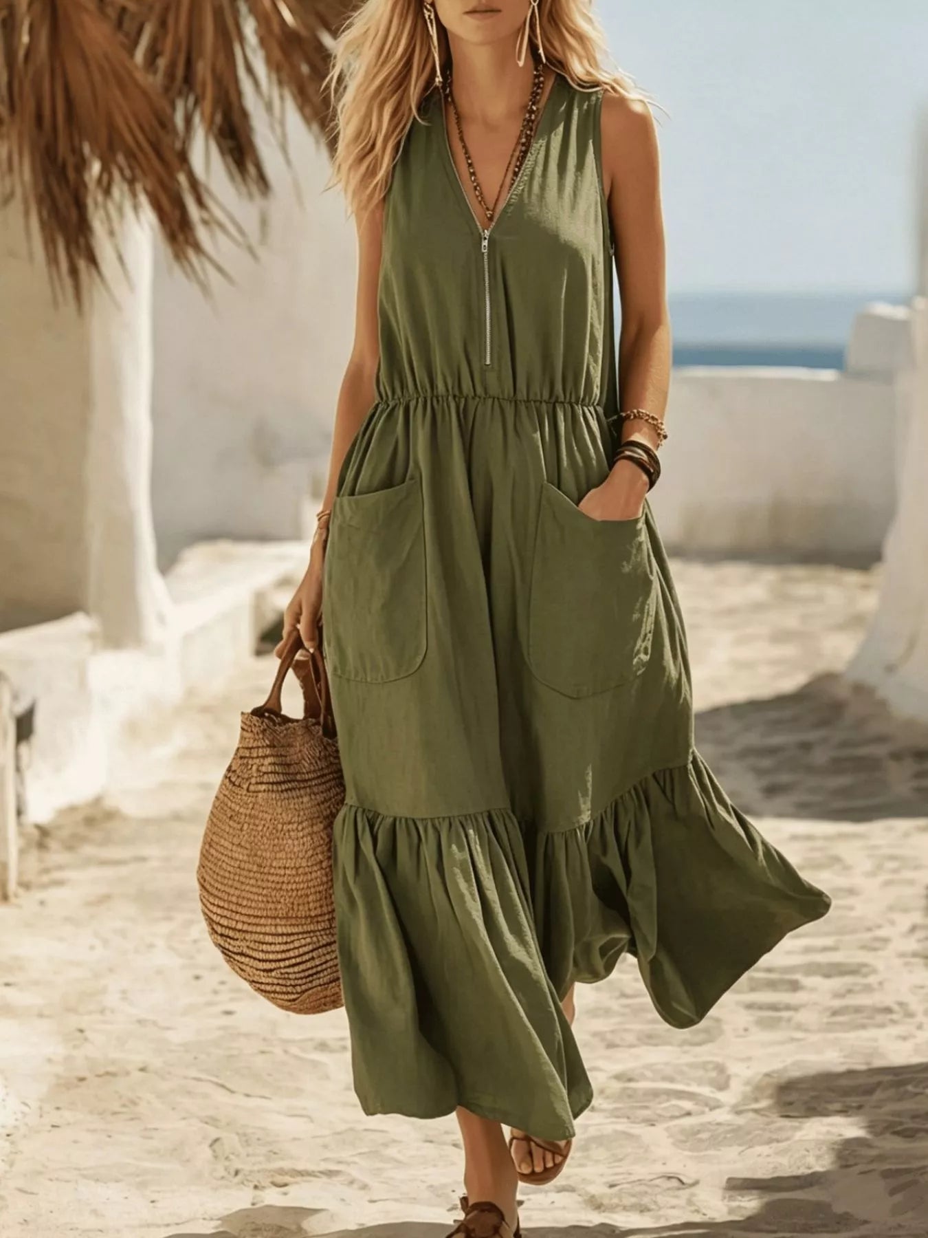 Sleeveless Zipper‑Front Pocket Ruffle Hem Maxi Dress (Regular & Plus) Simmer & Fay Army Green S